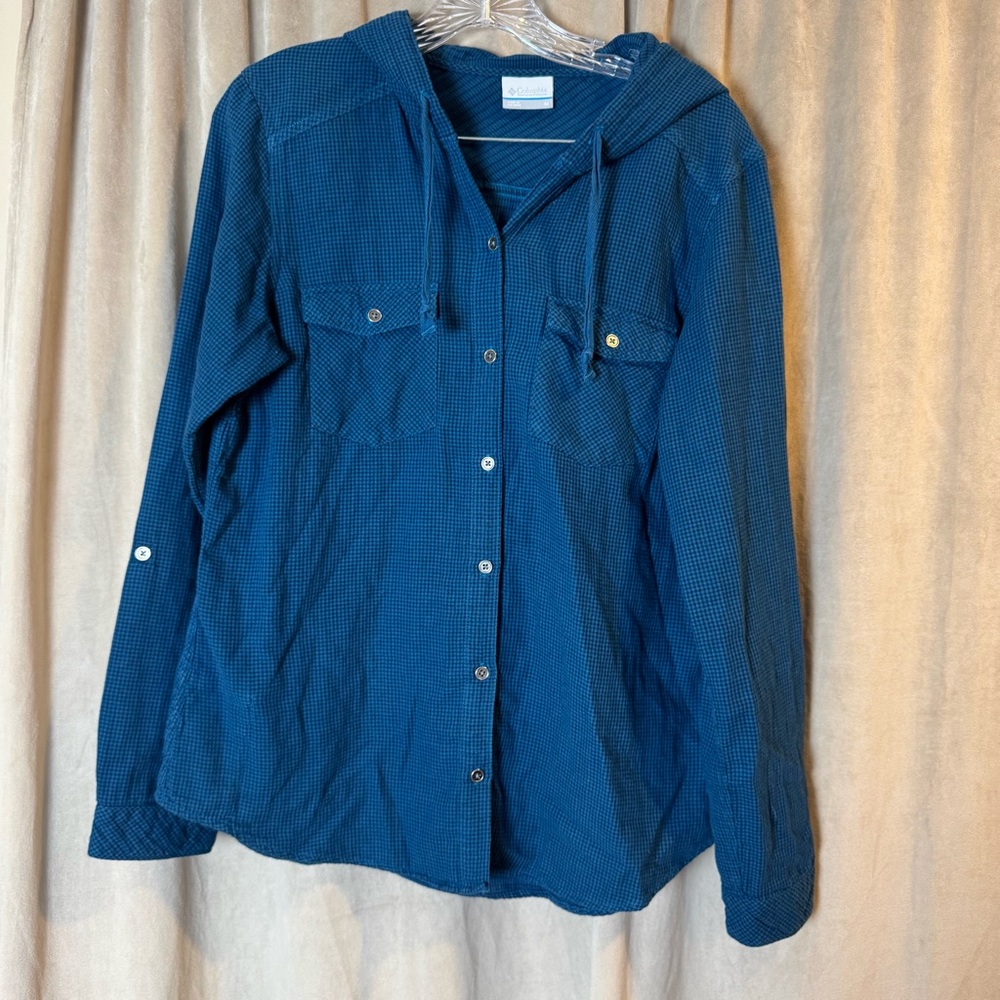 Columbia Blue gingham flannel shirt with Hood Soft Hiking Outdoor Casual‎ Top